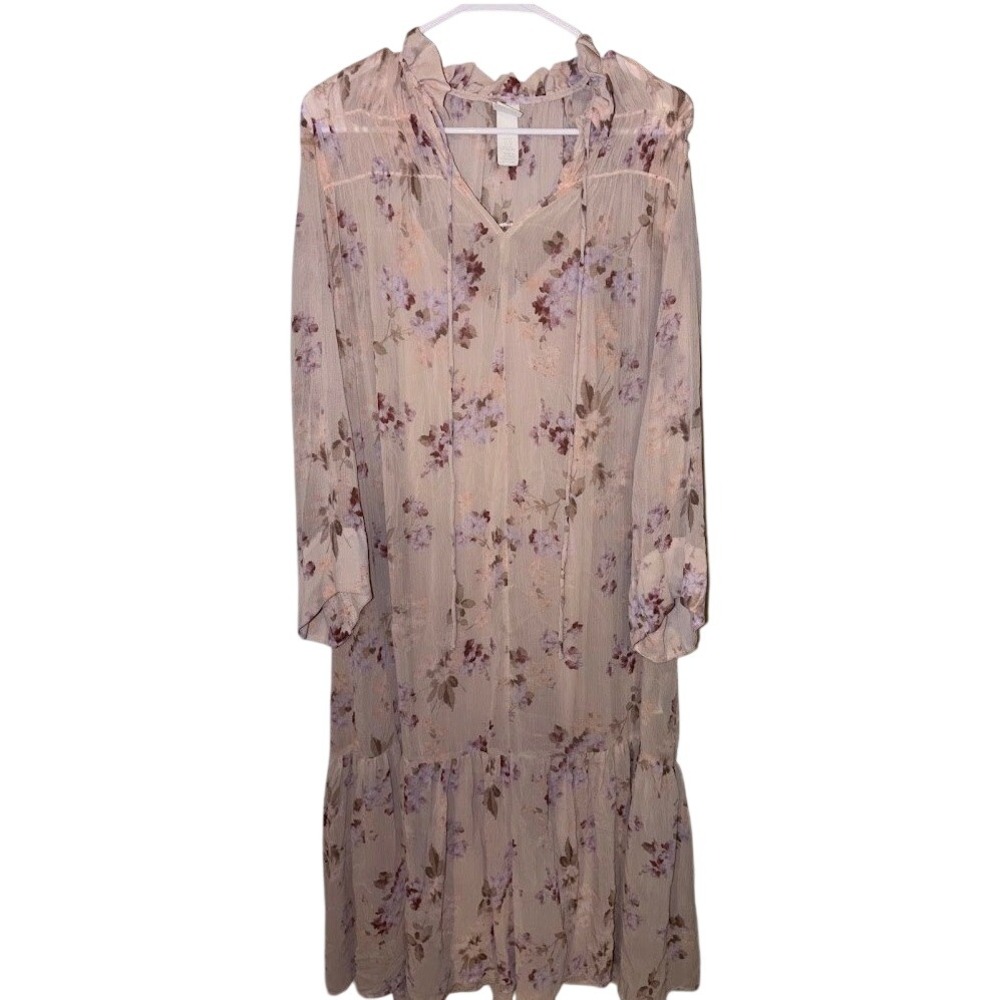 HM Floral Chiffon Midi Dress Purple Tan Ruffle Neck Long Sleeve XS G0264